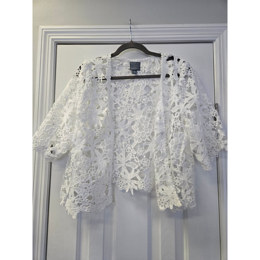 Rabbit Rabbit Rabbit Designs White Floral Lace Shrug Cardigan Single Button XL